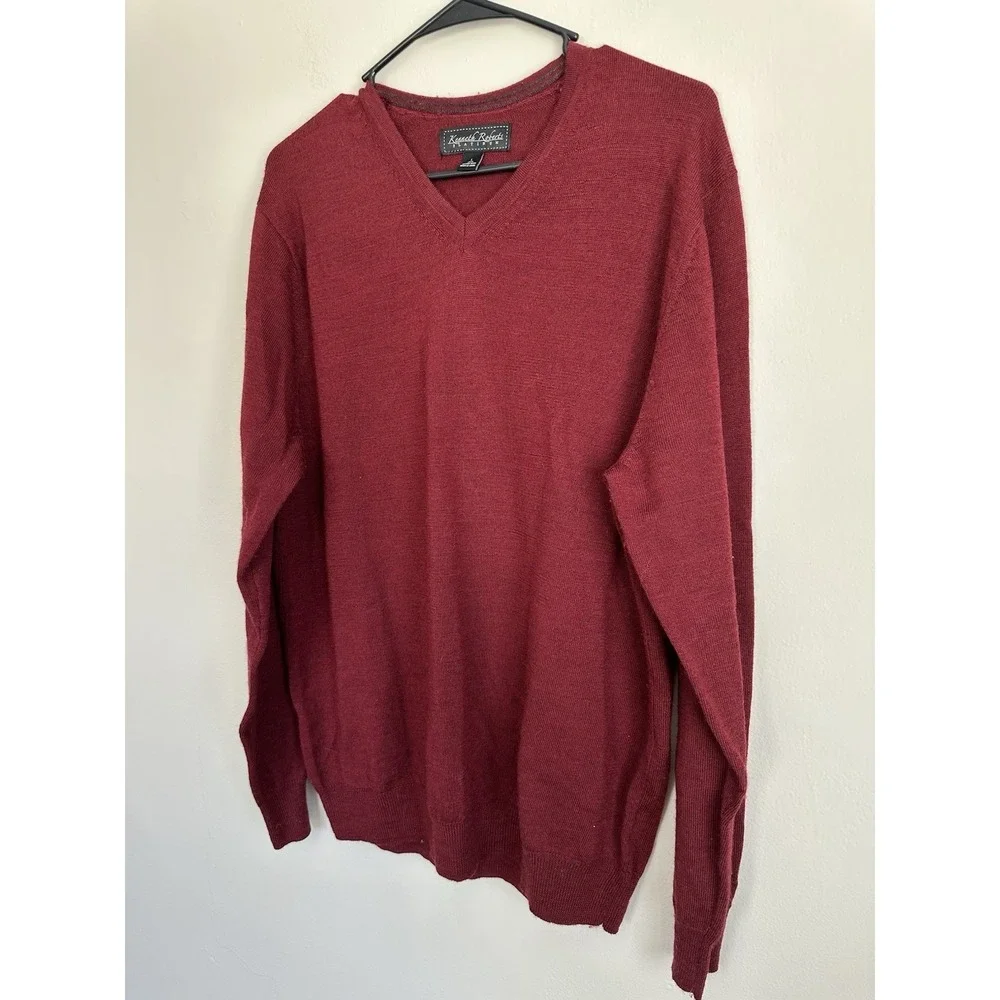 Kenneth Roberts LARGE 100% Merino Wool Sweater Red V Neck Pullover‎